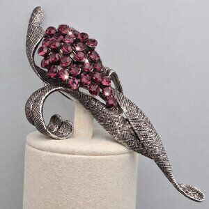 Floral Bouquet Brooch w/Purple Crystals & Large Dark Silver Textured Pin